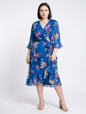 Adrianna Papell Royal Blue Floral Wrap Midi Dress